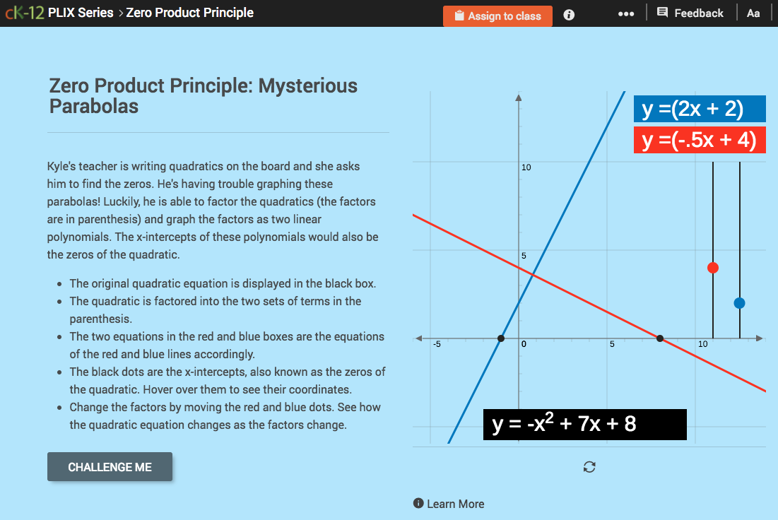 Zero Product Principle: Mysterious Parabolas Interactive