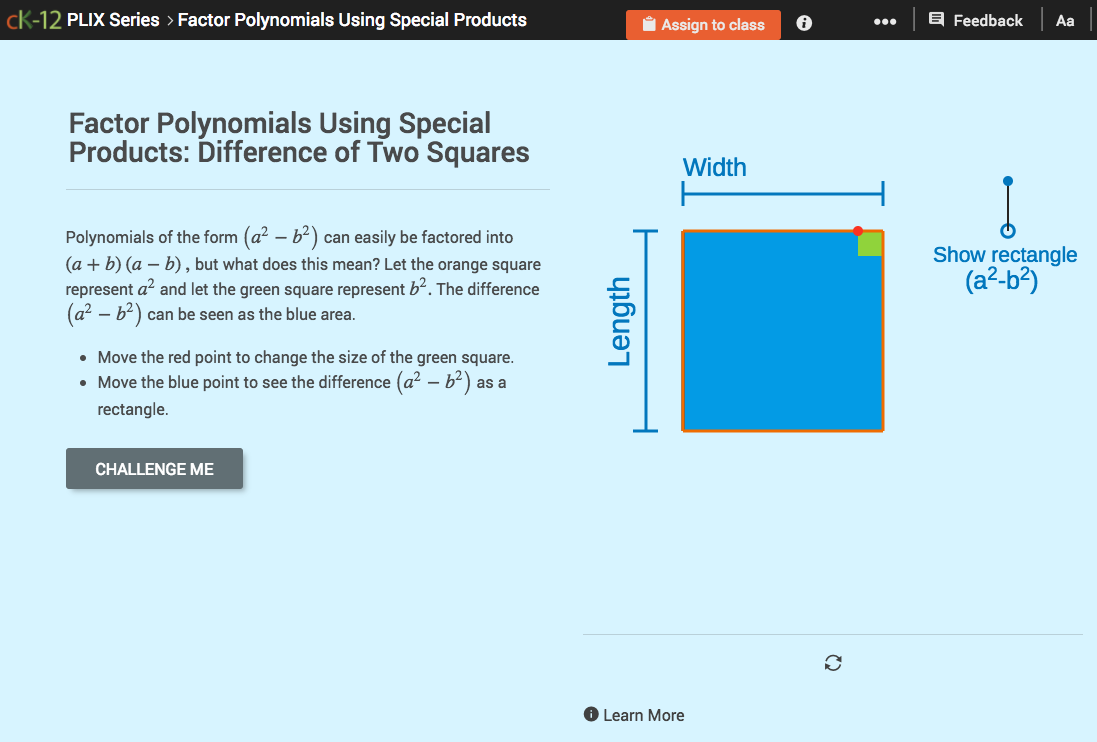 Factor Polynomials Using Special Products: Difference of Two Squares Interactive