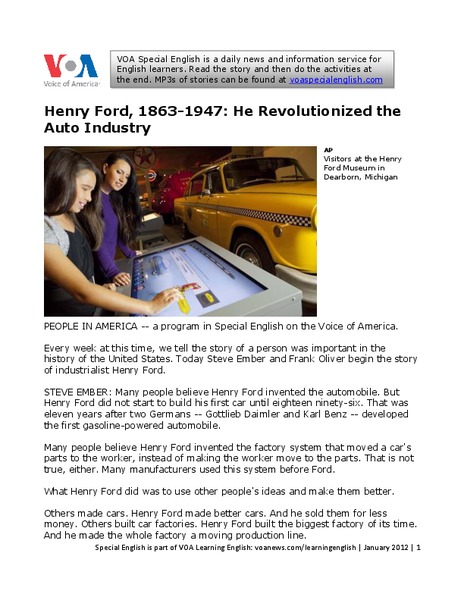 Henry Ford, 1863-1947: He Revolutionized the Auto Industry Worksheet