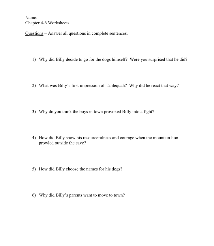 Where the Red Fern Grows Chapter 4-6 Worksheet Worksheet