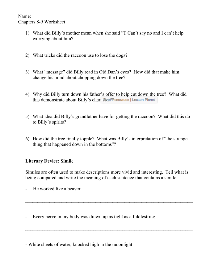 Where the Red Fern Grows Chapter 8-9 Worksheet Worksheet