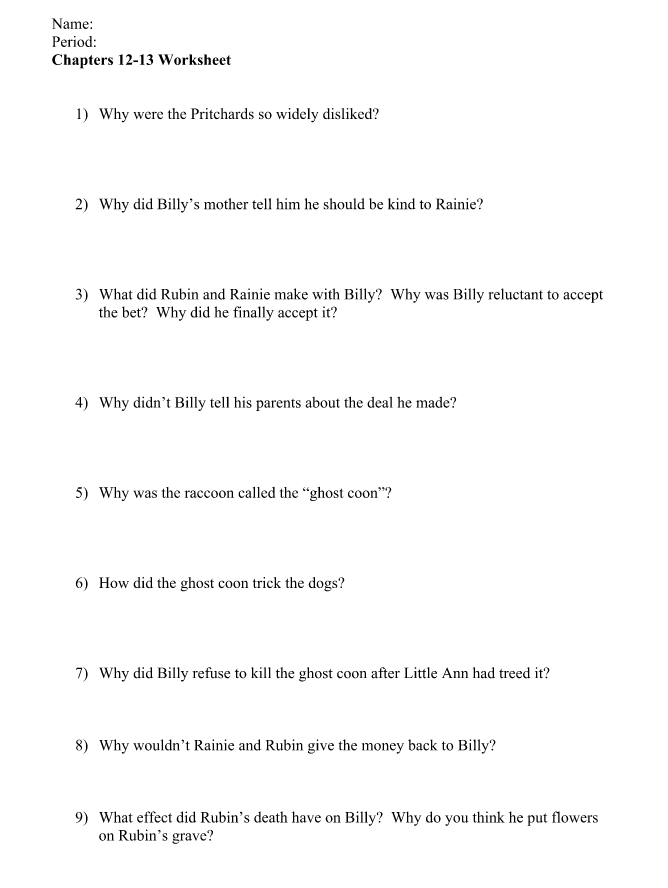 Where the Red Fern Grows Chapter 12-13 Worksheet Worksheet