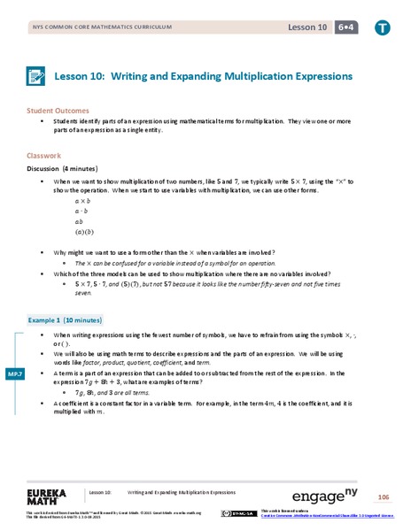 Writing and Expanding Multiplication Expressions Lesson Plan