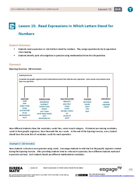 Read Expressions in Which Letters Stand for Numbers Lesson Plan