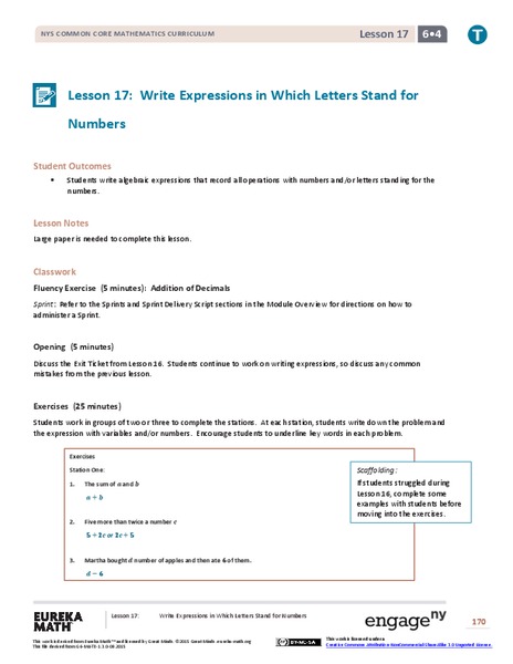 Read Expressions in Which Letters Stand for Numbers III Lesson Plan