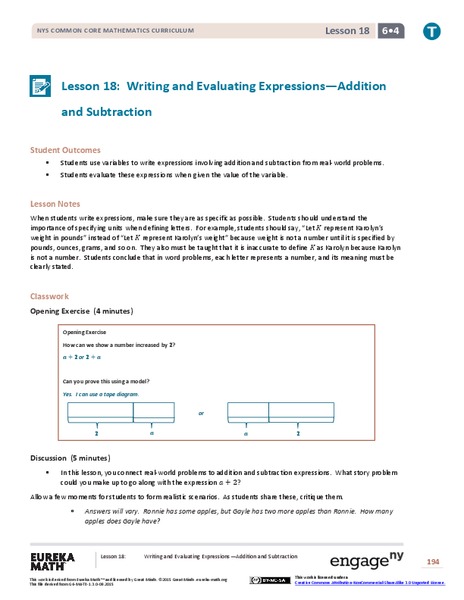 Writing and Evaluating Expressions—Addition and Subtraction Lesson Plan