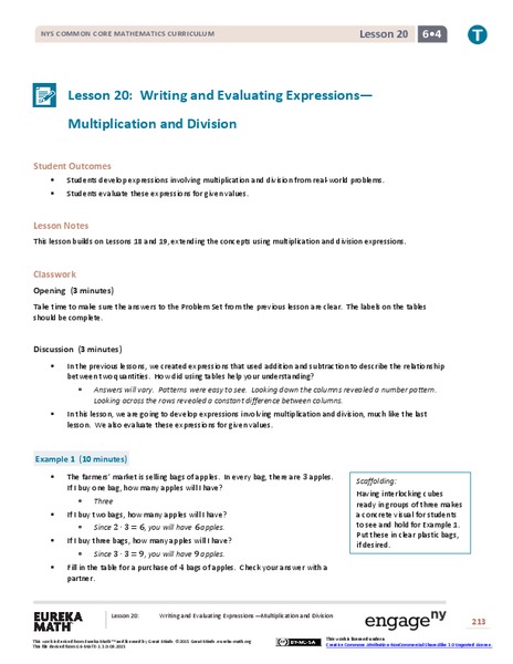 Writing and Evaluating Expressions—Multiplication and Division Lesson Plan