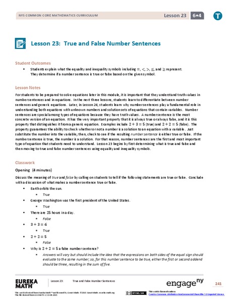 True and False Number Sentences Lesson Plan
