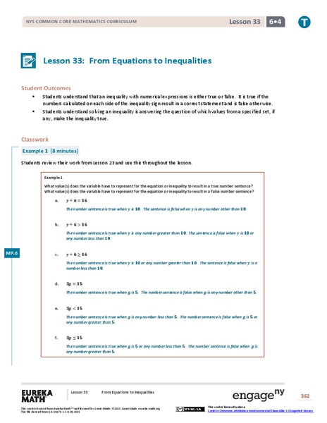 From Equations to Inequalities Lesson Plan