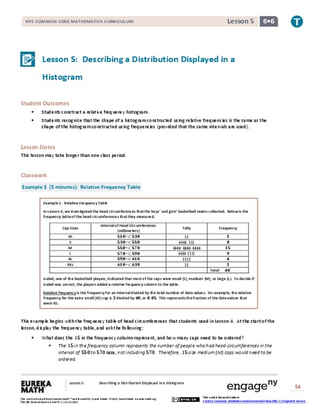 Describing a Distribution Displayed in a Histogram Lesson Plan