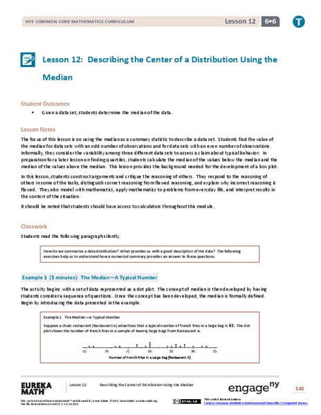 Describing the Center of a Distribution Using the Median Lesson Plan