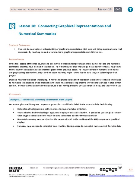 Connecting Graphical Representations and Numerical Summaries Lesson Plan
