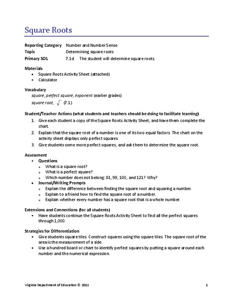 Square Roots Lesson Plan