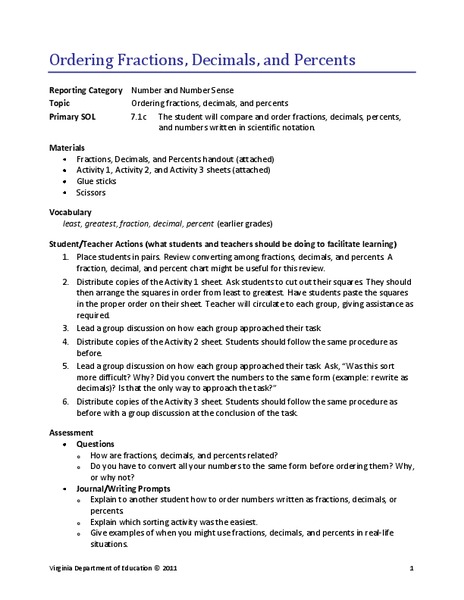 Ordering Fractions, Decimals, and Percents Lesson Plan