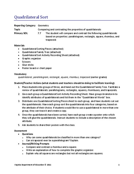 Quadrilateral Sort Lesson Plan