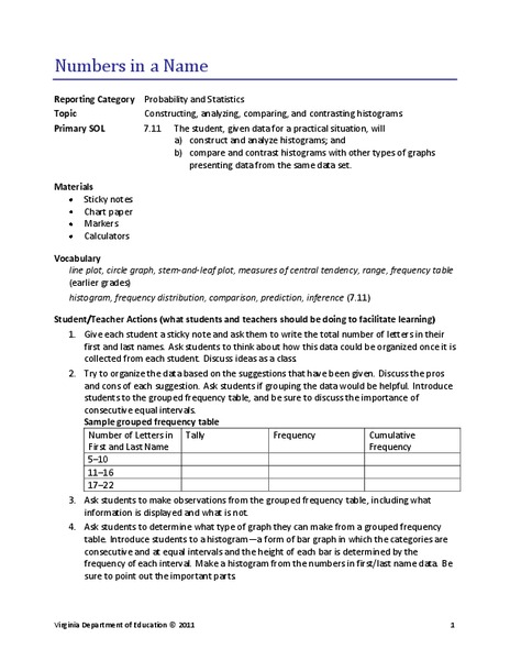 Numbers in a Name Lesson Plan