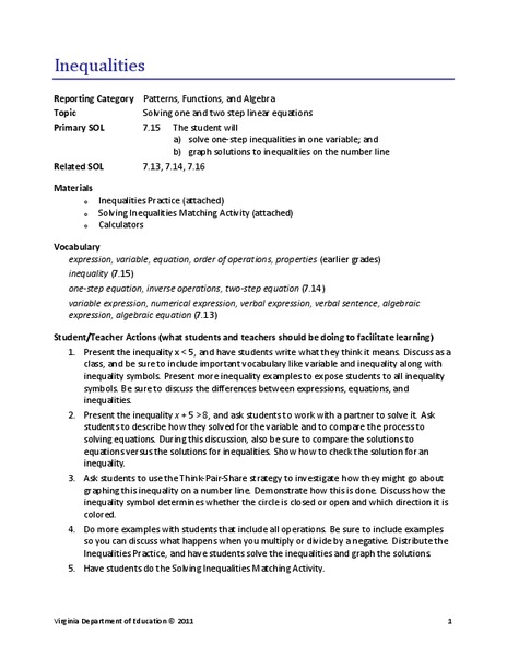 Inequalities Lesson Plan