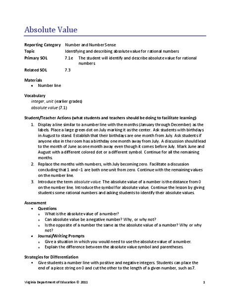 Absolute Value Lesson Plan