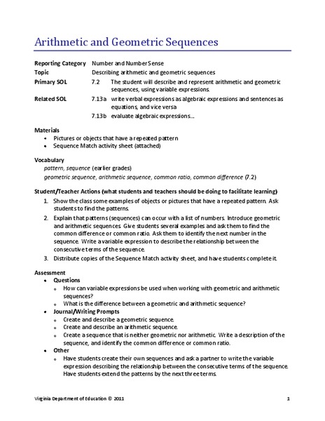 Arithmetic and Geometric Sequences Lesson Plan