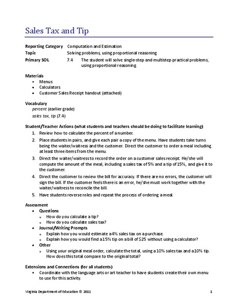 Sales Tax and Tip Lesson Plan