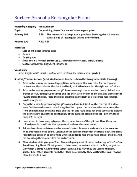 Surface Area of a Rectangular Prism Lesson Plan
