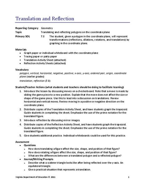 Translation and Reflection Lesson Plan