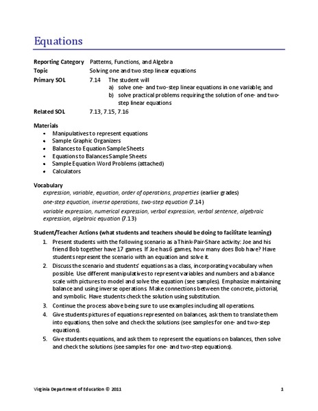 Equations Lesson Plan