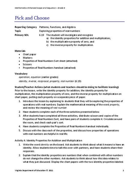 Pick and Choose Lesson Plan