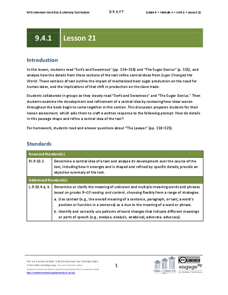 Grade 9 ELA Module 4, Unit 1, Lesson 21 Lesson Plan