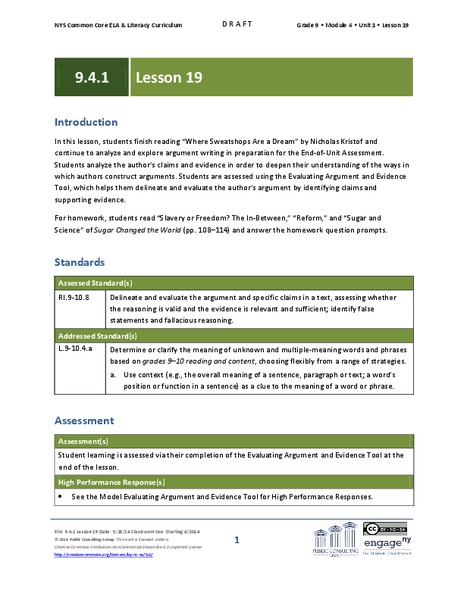 Grade 9 ELA Module 4, Unit 1, Lesson 19 Lesson Plan