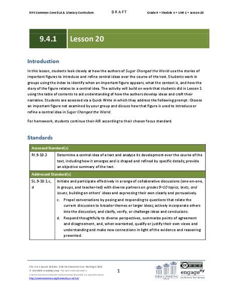 Grade 9 ELA Module 4, Unit 1, Lesson 20 Lesson Plan