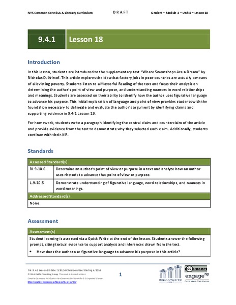 Grade 9 ELA Module 4, Unit 1, Lesson 18 Lesson Plan
