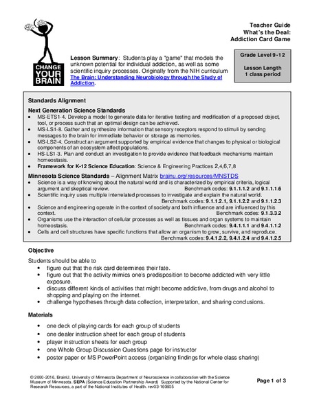 What's the Deal? Addiction Card Game Lesson Plan