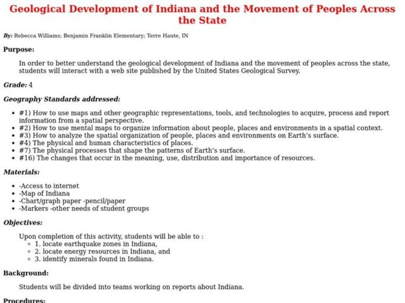 Geological Development of Indiana and the Movement of Peoples Across the State Lesson Plan