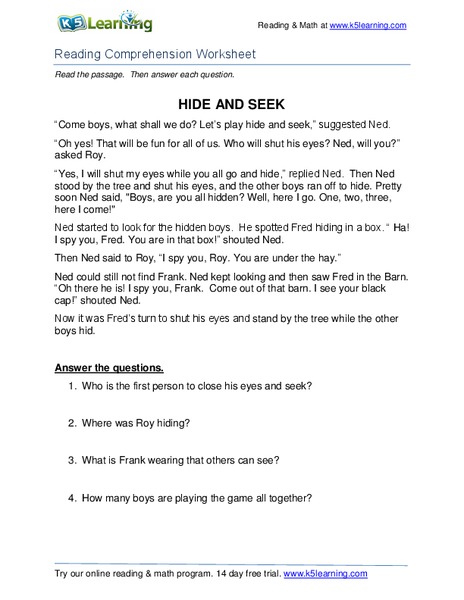 Hide and Seek Worksheet