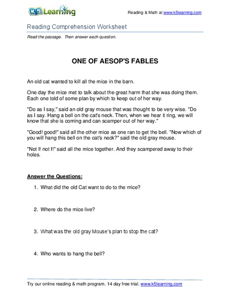 One of Aesop's Fables Worksheet