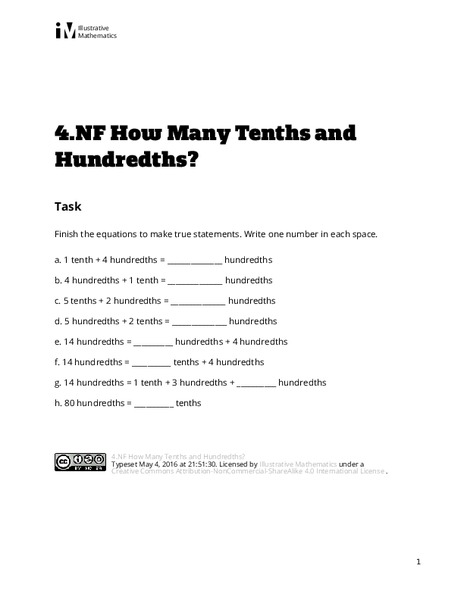 How Many Tenths and Hundredths? Assessment
