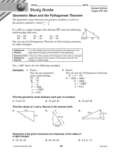 Geometric Mean and the Pythagorean Theorem Worksheet