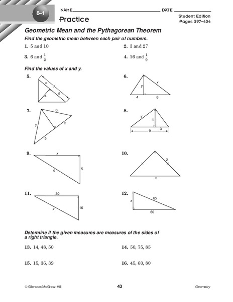 Geometric Mean and the Pythagorean Theorem Worksheet