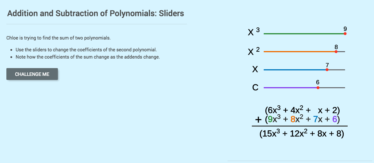 Addition and Subtraction of Polynomials: Sliders Interactive