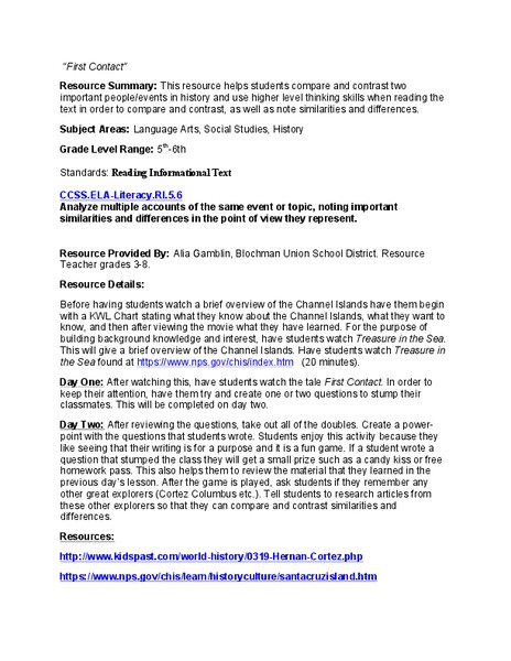First Contact: Lesson Plan 4 - Grades 5-6 Lesson Plan