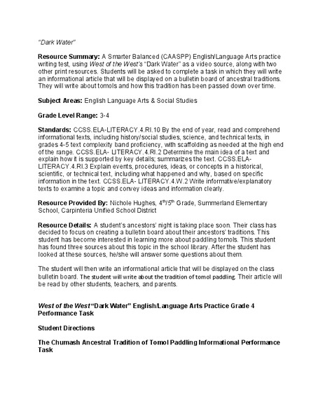 Dark Water: Lesson Plan 1 - Grades 3-4 Lesson Plan