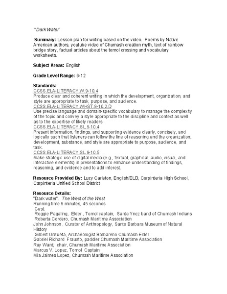 Dark Water: Lesson Plan 3 - Grades 6-12 Lesson Plan