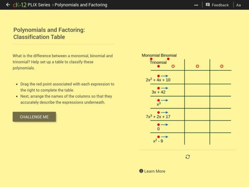 Polynomials and Factoring: Classification Table Interactive