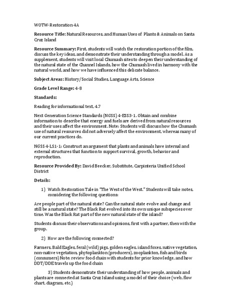 Natural Resources, and Human Uses of Plants and Animals Lesson Plan