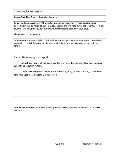 Geometric Sequences Lesson Plan