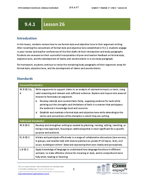 Grade 9 ELA Module 4, Unit 1, Lesson 26 Lesson Plan