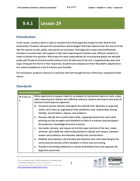 Grade 9 ELA Module 4, Unit 1, Lesson 29 Lesson Plan