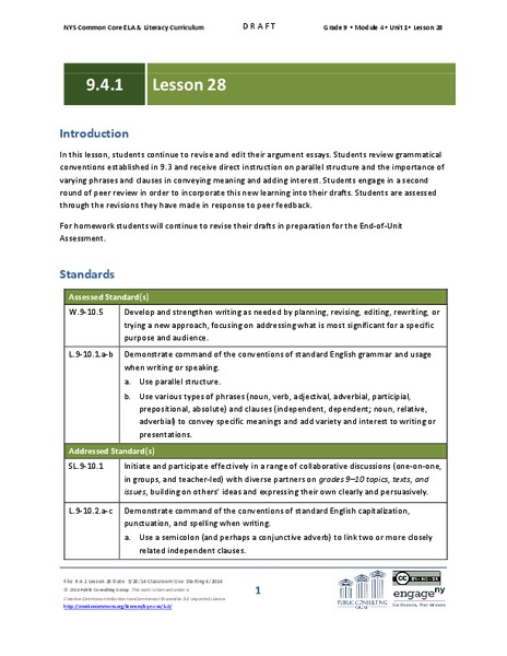 Grade 9 ELA Module 4, Unit 1, Lesson 28 Lesson Plan