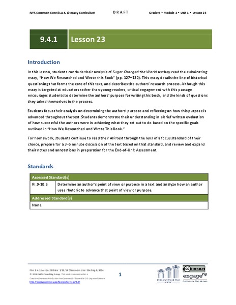 Grade 9 ELA Module 4, Unit 1, Lesson 23 Lesson Plan